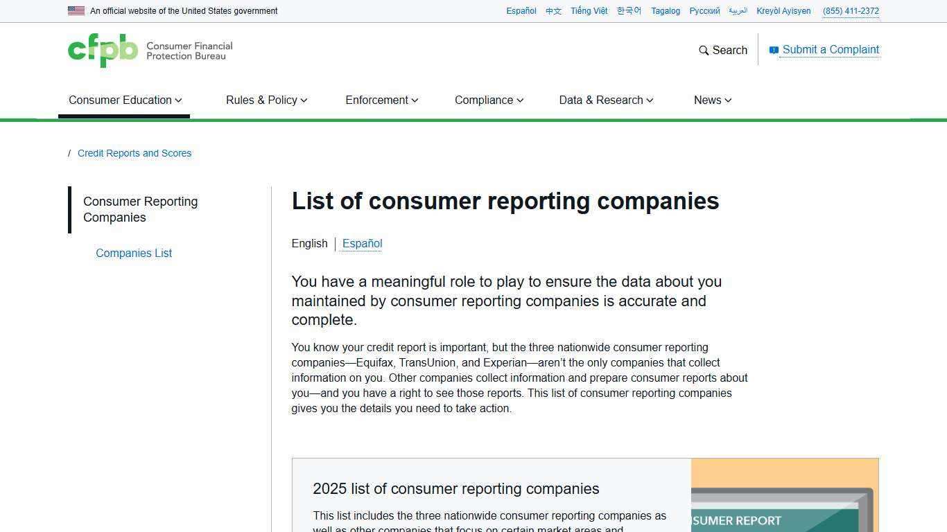 Consumer reporting companies | Consumer Financial Protection Bureau